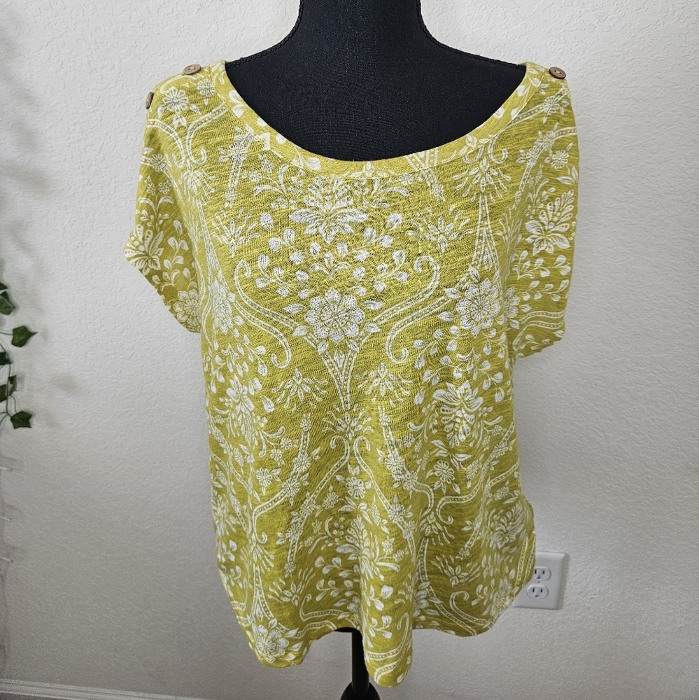 Joie Linen Blend Boho Print Yellow Green Button Detail Scoopneck Paisley Top - Picture 2 of 8